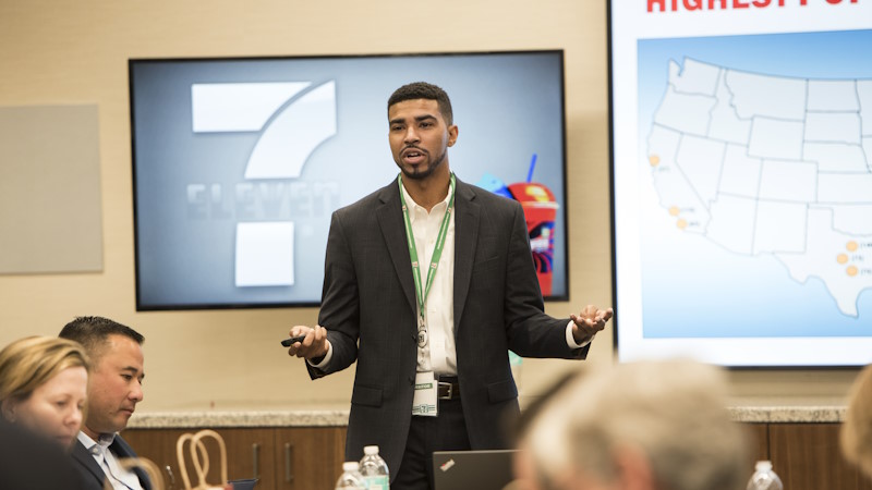 Marketing student talking during a presentation.