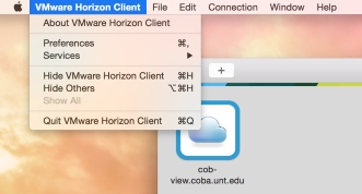 The image shows a screenshot of the VMware Horizon Client application menu on a Mac. The menu displays options like About, Preferences, Services, and Quit.