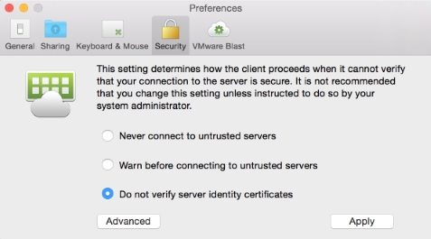 This is a screenshot of VMware Blast security preferences in macOS. The user is supposed to select the option to not verify the server identity certificates and retry connecting again.