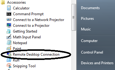 The image shows a Windows Start Menu with the "Accessories" folder expanded, and "Remote Desktop Connection" selected.