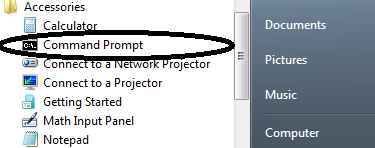 The image shows a computer's start menu. The Command Prompt application is highlighted with a black oval as it is supposed to be selected.