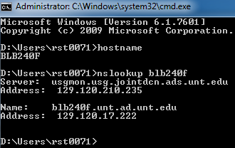 The image shows a command prompt window displaying the output of hostname and nslookup commands. The hostname command returns "BLB240F", and nslookup resolves this hostname to an IP address.