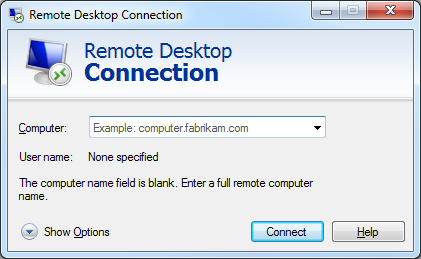 The Remote Desktop Connection window prompts the user to enter a computer name for a remote connection. The computer name field is currently blank, and the user is reminded to enter a full remote computer name.