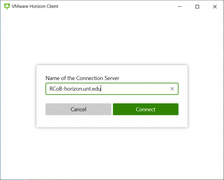 This is a screenshot of the VMware Horizon Client application. The user is prompted to enter the name of the Connection Server, with "RCOB-horizon.unt.edu" already entered.