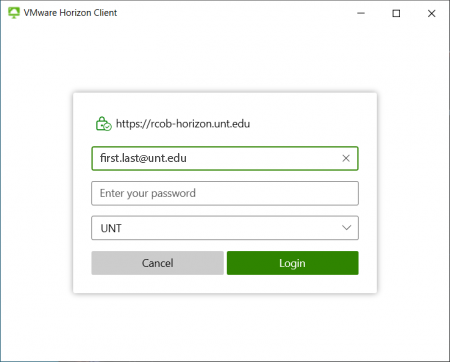 The image shows a VMware Horizon Client login window. It requires a username, password, and domain to log in.