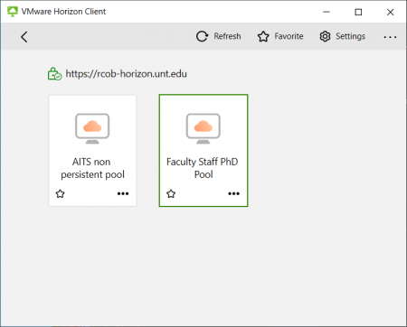The VMware Horizon Client displays a selection dialog box with two desktop pools: AITS non-persistent pool and Faculty Staff PhD Pool.