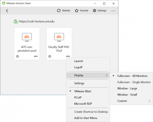 A VMware Horizon Client window shows available virtual desktop pools and a context menu with display options. The display options include fullscreen, windowed, and custom modes.