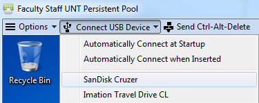 The image shows a software window with options for connecting USB devices, including a SanDisk Cruzer. The window title indicates it is related to "Faculty Staff UNT Persistent Pool".