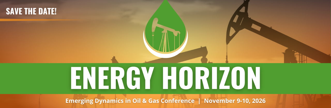 Promotional graphic for the Energy Horizon conference, featuring an oil derrick silhouette and a green oil drop emblem over a sunset background.