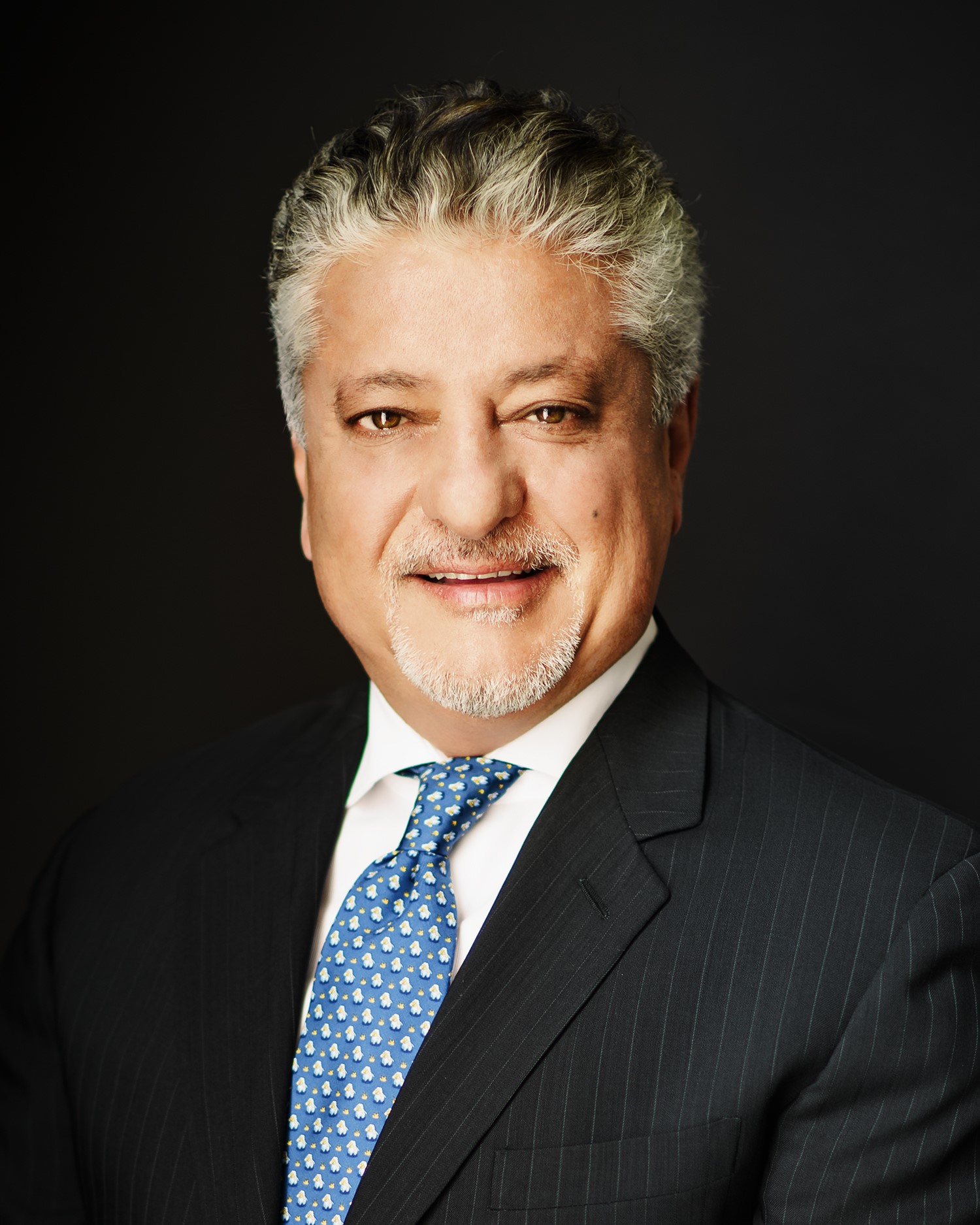 A headshot of a middle-aged man with grey hair and a beard, wearing a suit and a blue patterned tie. He is looking at the camera with a slight smile.
