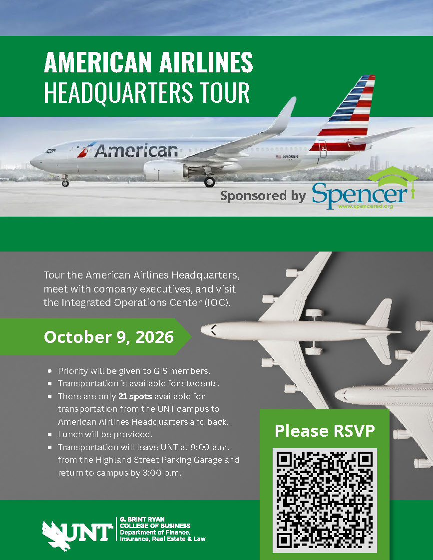 This is an announcement for an American Airlines Headquarters tour for UNT students on October 9, 2026. The flyer provides details about transportation, a limited number of spots, and lunch.