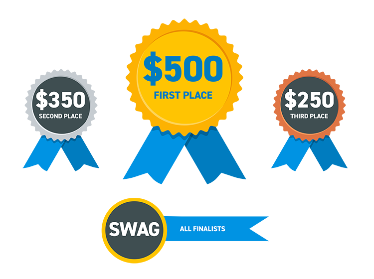1st – $500, 2nd – $350, 3rd – $250. All finalists get swag.